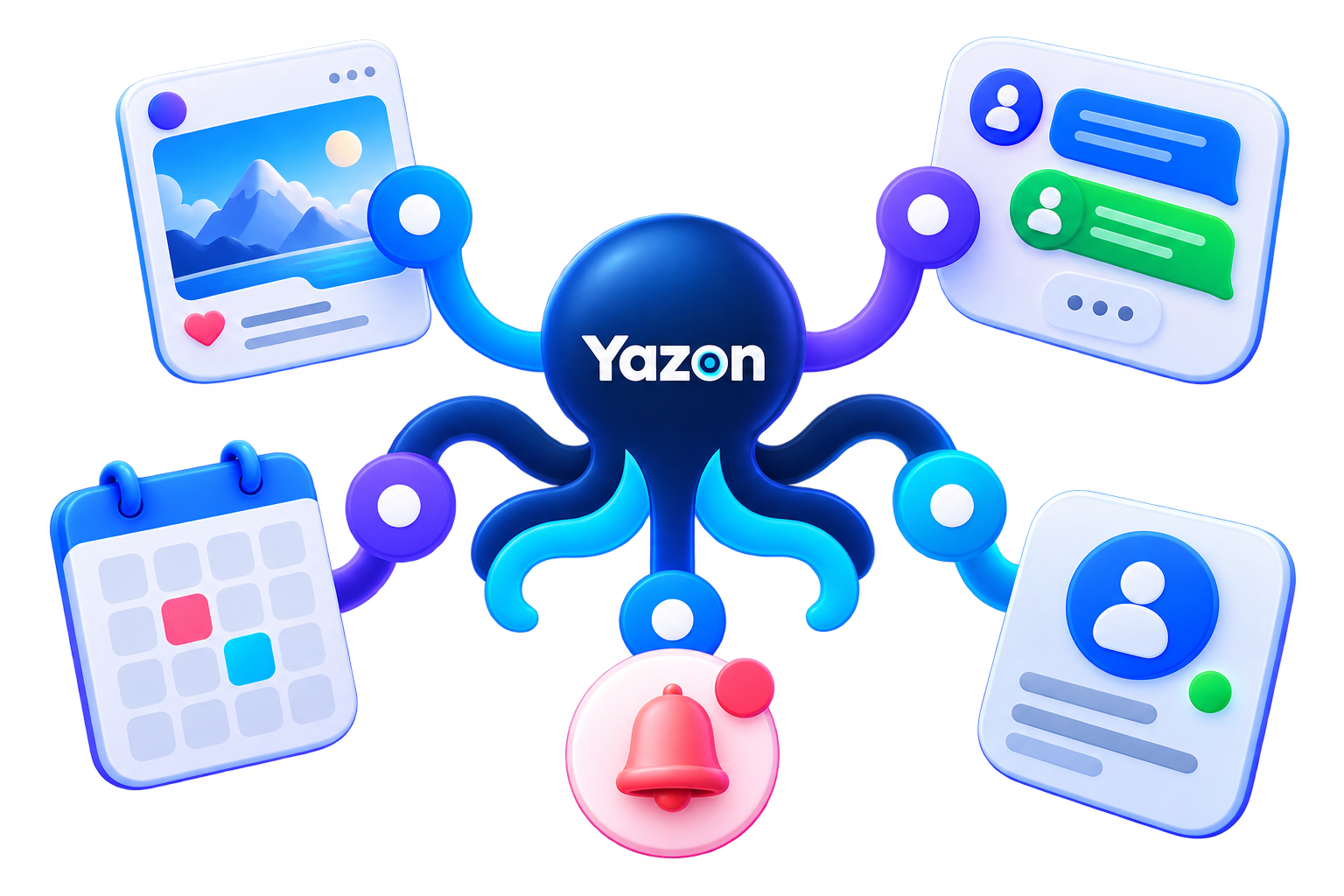 Yazon no centro conectando posts, conversas, calendário, contatos e notificações