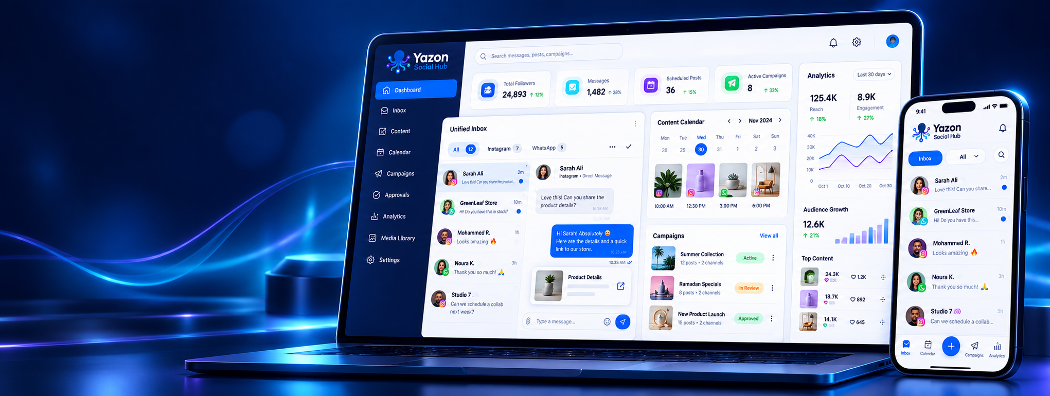 Painel do Yazon Social Hub no notebook e no celular, com caixa de entrada unificada, calendário de conteúdo e métricas